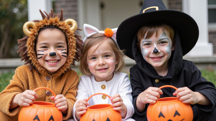 Fototapeta premium Cute children in costumes celebrating Halloween, featuring lion, cat, and witch, holding pumpkin buckets