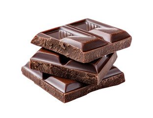Dark chocolate bar pieces stacked.  Glossy, rich dark brown.  Square shapes