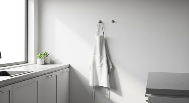 A bright and clean modern kitchen or utility room with a white apron hanging on a wall and sunlight streaming through a window.