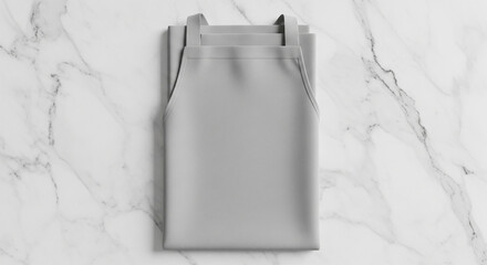 A neatly folded grey apron resting on a white marble surface, viewed from directly above.