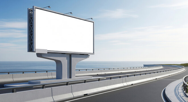 A large blank white billboard stands prominently beside a modern highway overlooking the ocean under a clear blue sky, ready for advertising.