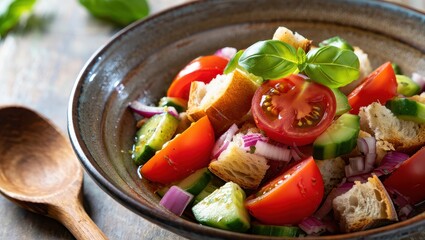 Delicious Tuscan Panzanella Salad with Fresh Tomatoes Cucumbers and Basil in Ceramic Bowl