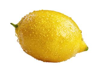 Single, ripe lemon, covered in water droplets
