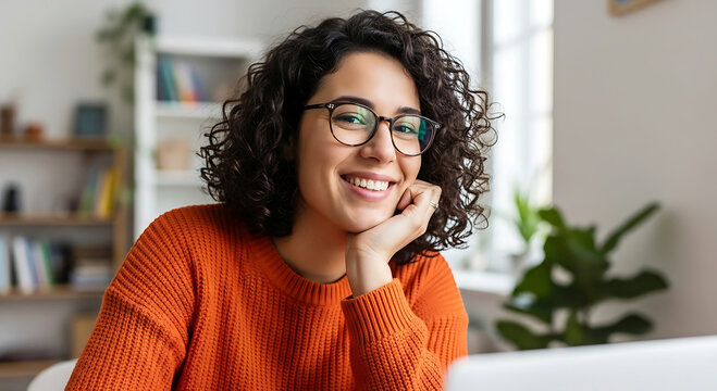 Smiling woman with curly hair wearing glasses and an orange sweater