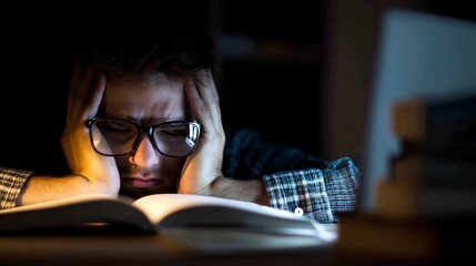 Late night study desk, laptop glow, tired hands holding book, Keep going reflected in glasses face turned away, feeling overwhelmed and frustrated while preparing for exams and deadlines.