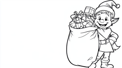 Cheerful elf carrying large sack filled with colorful gifts, ready for holiday season. elf has playful expression and wears festive outfit