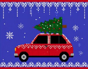 Red car with Christmas tree, pixelated design, festive background