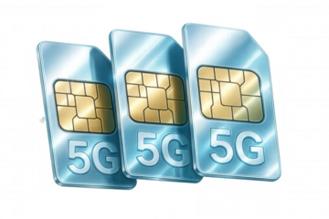 Metallic 5g sim cards featuring golden chips lying on transparent surface, representing modern mobile communication technology and network connectivity