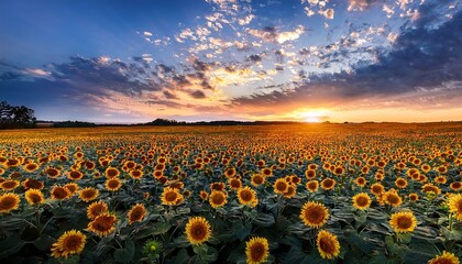 Fototapeta premium vibrant sunflower field beneath a cloudy blue sky at sunset a serene nature scene