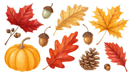 Autumn leaves PNG set with red, orange, and yellow leaves, pumpkins, acorns, pinecones, isolated on transparent background