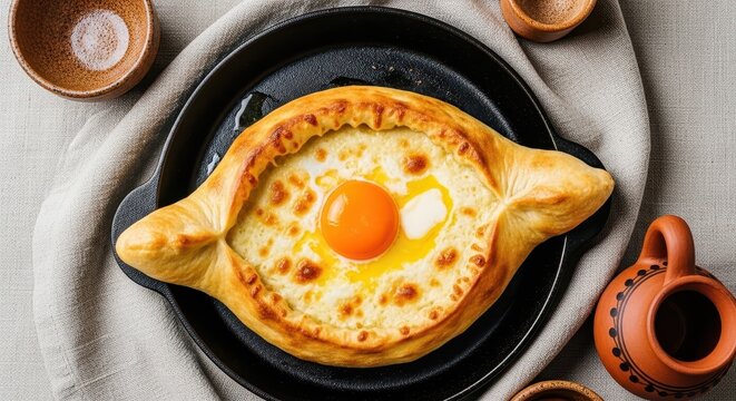 Traditional Georgian Khachapuri Adjarian Cheese Bread with Egg and Butter Delicious Breakfast