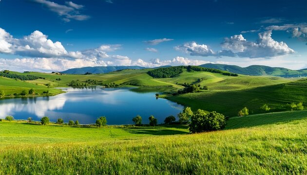 a beautiful summer landscape of a lake surrounded by green fields - Powered by Adobe
