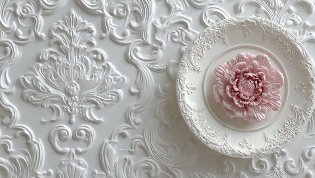 Ornate white wall with pink flower plate