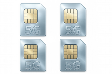 Four metallic 5g sim cards represent the latest generation of mobile network connectivity on a transparent background