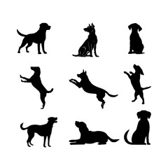 Nine Black Silhouette Dogs in Various Poses on White Background - Vector Illustration