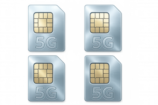 Four metallic 5g sim cards represent the latest generation of mobile network connectivity on a transparent background