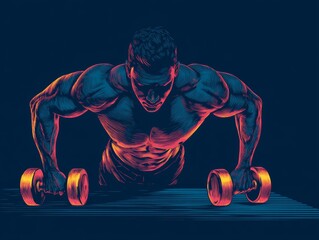 Dumbbell midlift, trembling arms, glowing muscle outline, Keep going floating above mat, showcasing strength and determination in a vivid, stylized art form.