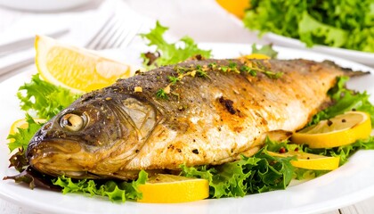 Roasted fish, lemon slices, and greens on a plate