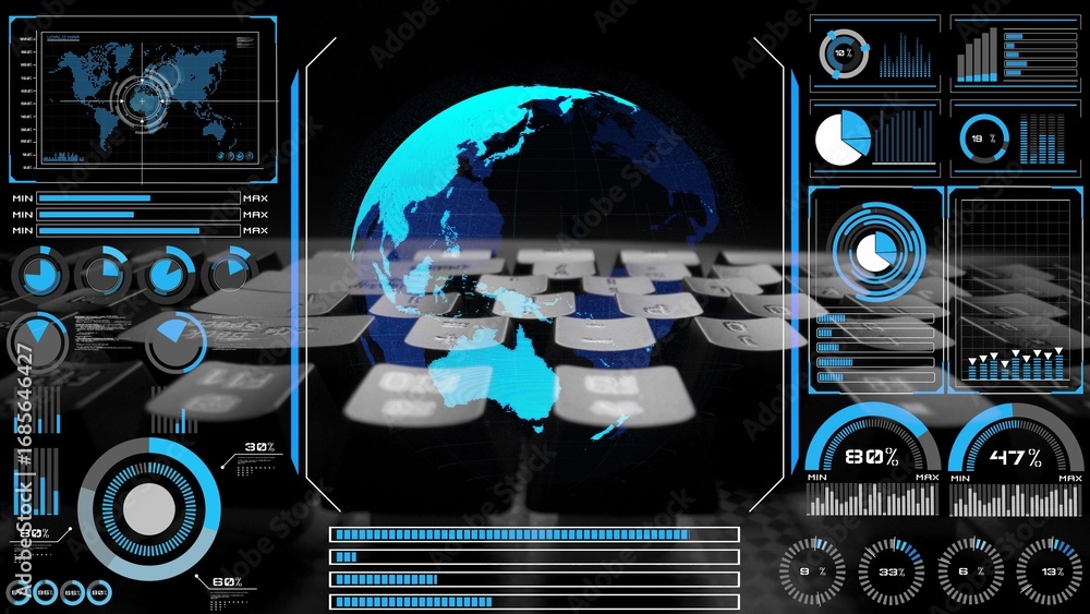 Poster high-tech global network connection interface showing worldwide digital communication, data exchange