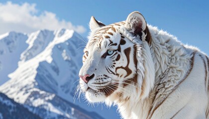 Albino tiger. Close-up of a white tiger in the snowy mountains.