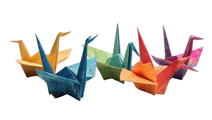 Colorful origami cranes in a row