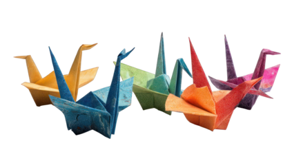 Colorful origami cranes in a row
