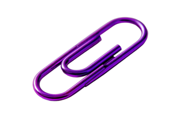 A vibrant, glossy, purple paperclip, angled, against a black background