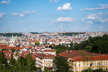 Fototapeta premium Prague Cityscape from the Hradčany district. View from the castle with the Lesser Town and the famous old town in front. The Television Tower in Žižkov is visible on the horizon.