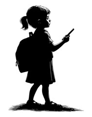 Silhouette of schoolgirl looking at mobile phone