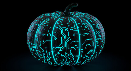 Digital Halloween Pumpkin with Glowing Circuit Board Lines on a Dark Background