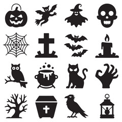 Obraz premium Collection of spooky black halloween icons and symbols including a pumpkin ghost witch hat skull spider web and more