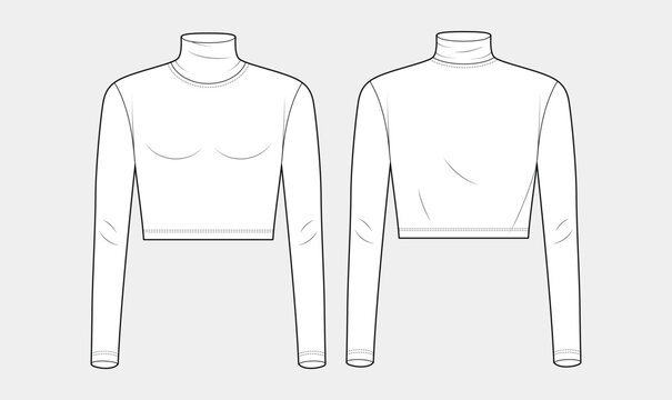 women's cropped close-fitting sketch, highneck long-sleeve, crop top sportswear, technical fashion drawing vector illustration