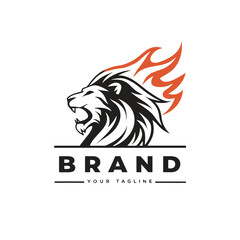 "A bold and modern vector logo of a roaring lion’s head with a fiery mane. The mane blends shades of orange and red flames, symbolizing power, strength, and energy. © MD