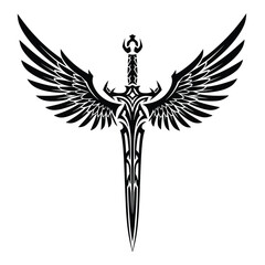 Fototapeta premium Winged sword tribal silhouette illustration with flame accents on a white background. EPS 10.