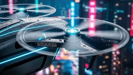 A futuristic drone with glowing blue lights flies through a rainy city at night, with a blurred cyberpunk cityscape in the background. - Powered by Adobe