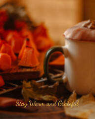 Dimensional autumn card with lit pumpkin mug and squash pieces in warm colours. Magical seasons...