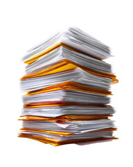 A substantial stack of papers.  Stacked documents, predominantly white, with visible yellowing or highlighted sections,  form a pyramid shape, suggesting a large volume of paperwork
