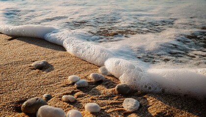 sea foam and small stones on sandy beach closeup natural water bubbles and wet sand texture with smooth pebbles creating calming and fresh coastal atmosphere