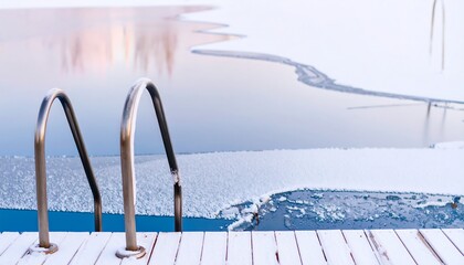 Frozen lake, metal steps leading to water