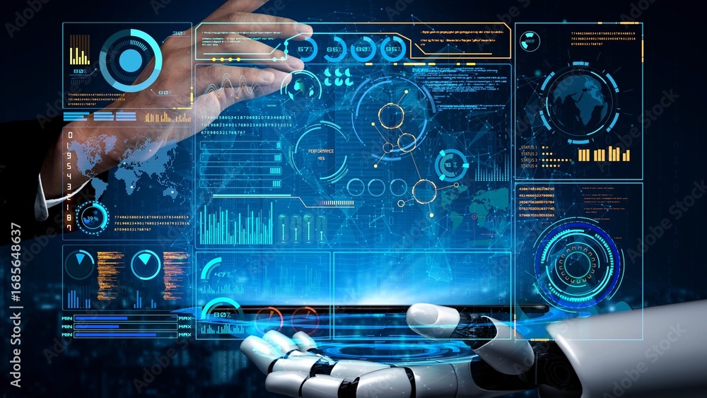 Poster ai artificial intelligence drives data analytics with predictive models, smart dashboards, and virtu