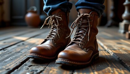 A close up view of a pair of brown leather boots with laces, set against a rustic wooden floor