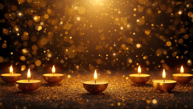 Deepavali Diwali theme, Diwali background with floating golden candles and sparkling confetti.