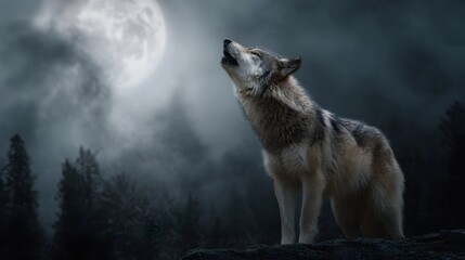 A majestic wolf howls powerfully at the bright full moon from a rocky outcrop set against a dramatic misty night sky and a dark forest