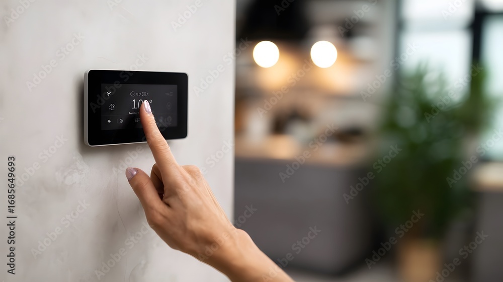 Aufkleber hand interacting with a sleek smart home control panel adjusting settings for temperature in a moder
