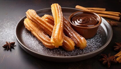 churros delights a tantalizing shot of freshly made churros drizzled with decadent chocolate sauce alongside cinnamon sticks arranged invitingly on a clean plate