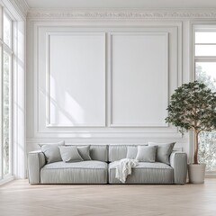 A stylish, light-filled living room boasts a light gray sectional sofa, framed by ornate white walls, and a decorative plant.