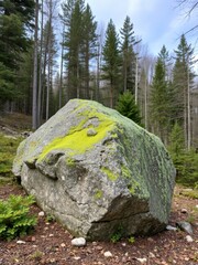 Large moss covered boulder rests in a sunlit forest with tall evergreen trees in the background
