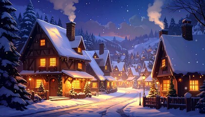 Snowy winter village at night