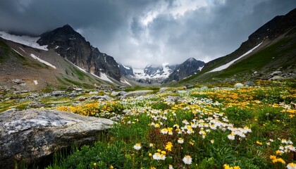 Fototapeta premium a vibrant alpine meadow with yellow and white wildflowers scattered among rocks framed by towering mountains beneath a moody overcast sky