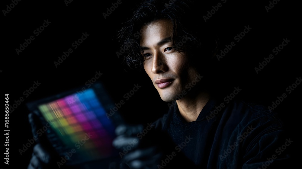 Poster an asian man in a dark environment intently examines a flexible oled screen displaying a vibrant col